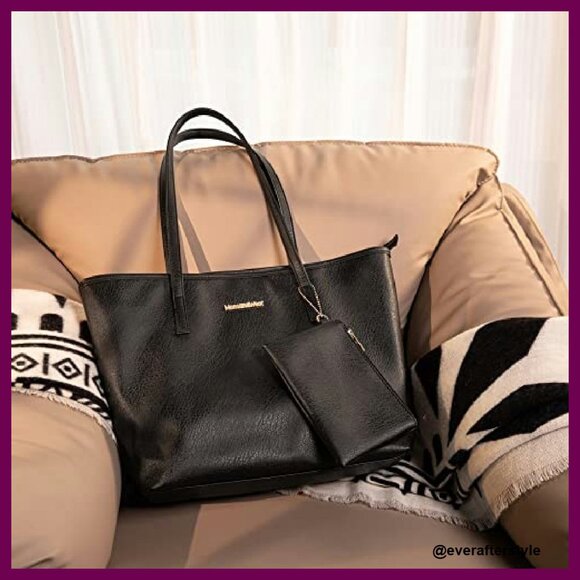 Vegan Leather Tote Bag Classic Elegant Minimal Chic Spacious Top Handle Shoulder - Picture 3 of 8